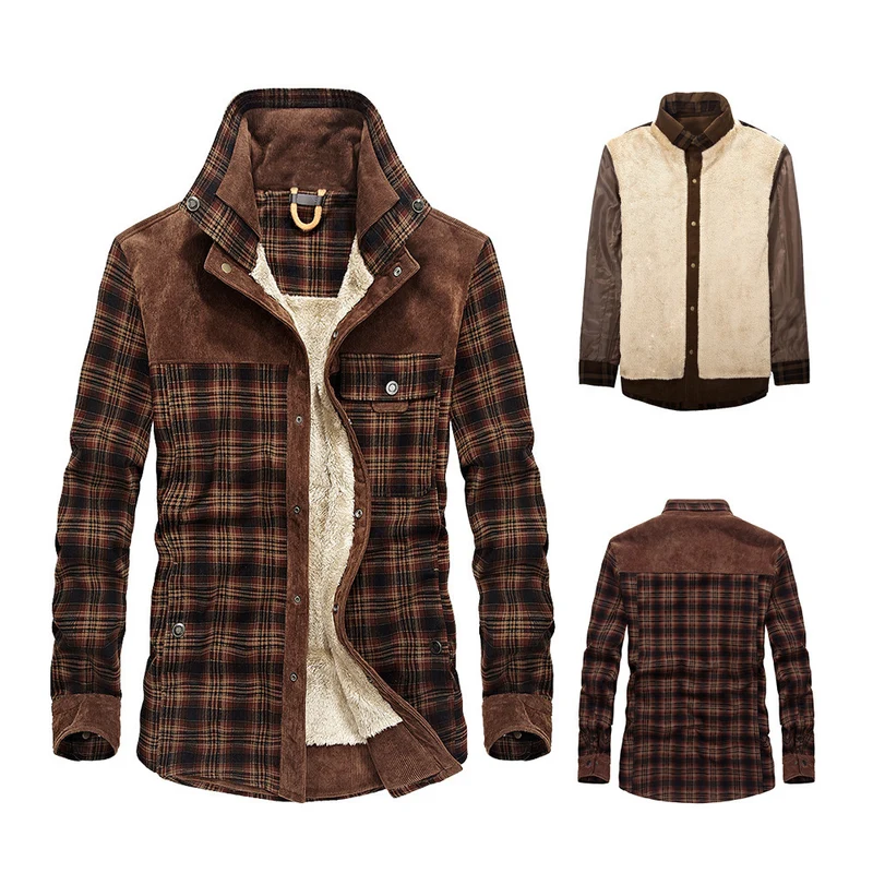 Herren lässige Flanell-Fieldshirt-Jacke mit Teddy-Innenfutter und Cord-Besätzen Drune