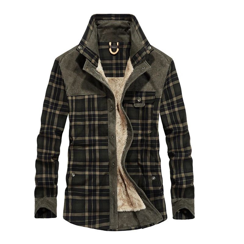 Herren lässige Flanell-Fieldshirt-Jacke mit Teddy-Innenfutter und Cord-Besätzen Drune