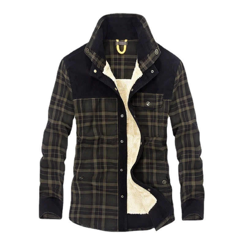Herren lässige Flanell-Fieldshirt-Jacke mit Teddy-Innenfutter und Cord-Besätzen Drune