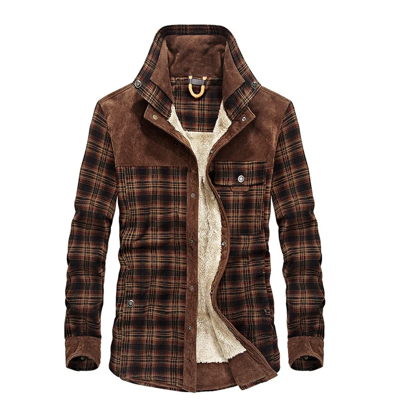 Herren lässige Flanell-Fieldshirt-Jacke mit Teddy-Innenfutter und Cord-Besätzen Drune