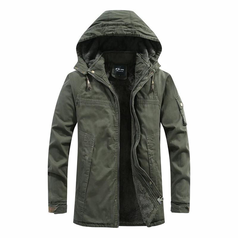 Herren langer Parka mit Teddyfutter, abnehmbarer Kapuze und Utility‑Details Drune