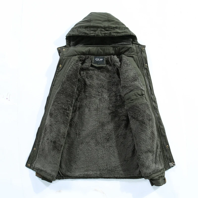 Herren langer Parka mit Teddyfutter, abnehmbarer Kapuze und Utility‑Details Drune