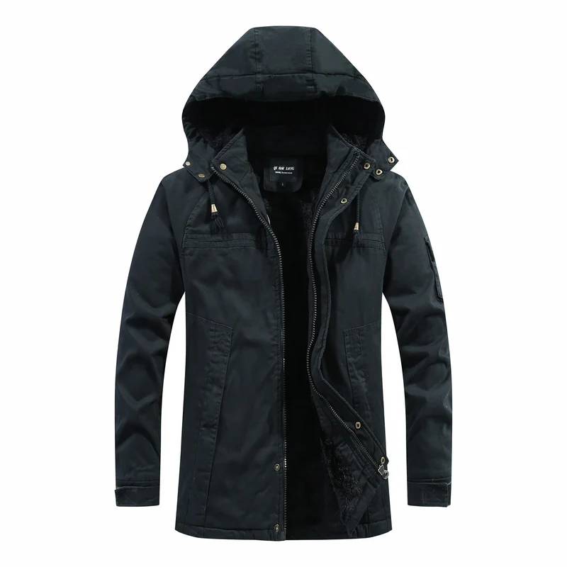 Herren langer Parka mit Teddyfutter, abnehmbarer Kapuze und Utility‑Details Drune