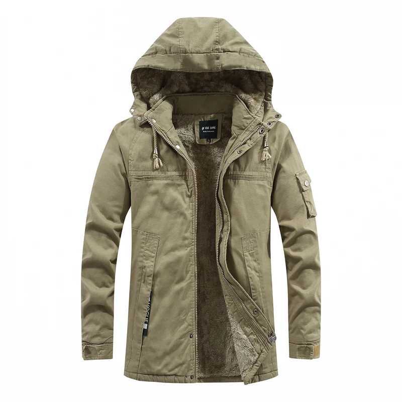 Herren langer Parka mit Teddyfutter, abnehmbarer Kapuze und Utility‑Details Drune