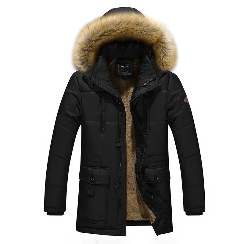 Herren langer gesteppter Thermoparka mit abnehmbarer Kunstfellkapuze und Teddyfleece-Innenlage Drune