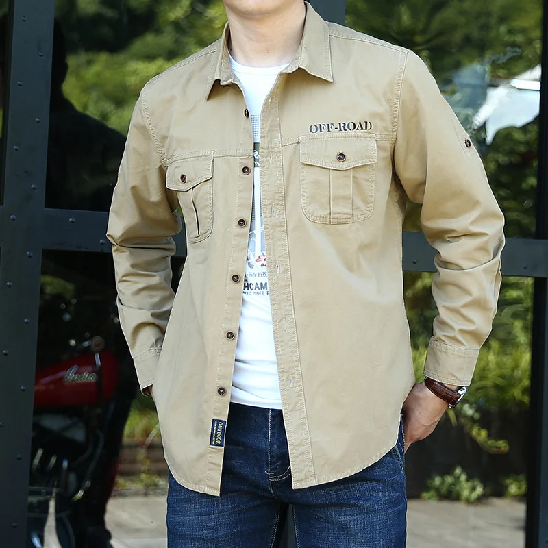 Herren Langarm-Canvas-Overshirt mit Rückenfalte, Hemdkragen und Utility-Ärmeltasche Drune