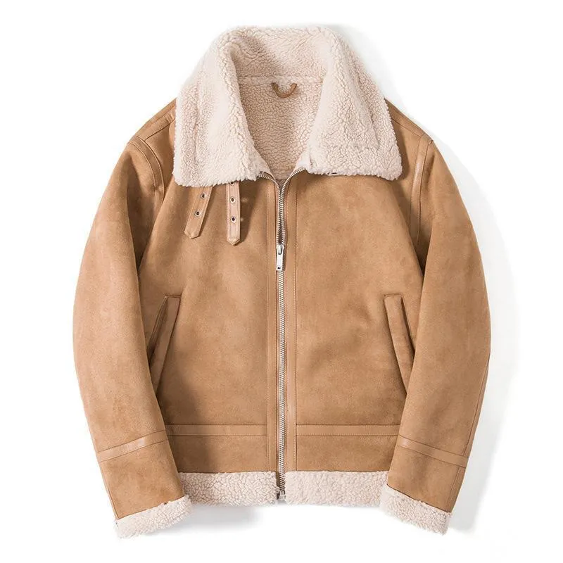 Herren Lammfelloptik Pilotenjacke mit Teddyfutter und Lederbesatz Drune