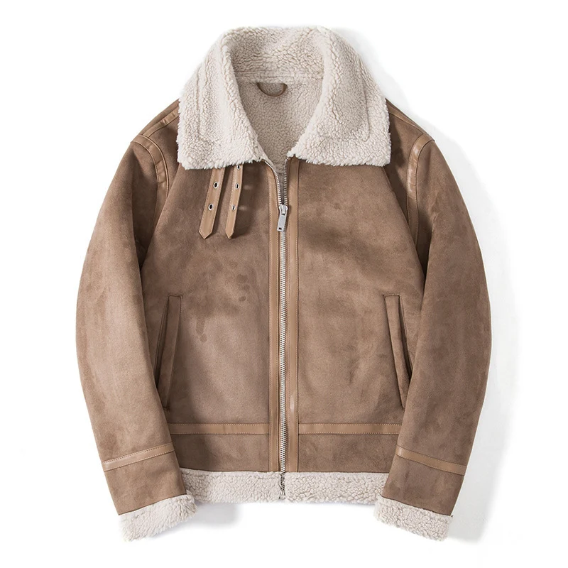 Herren Lammfelloptik Pilotenjacke mit Teddyfutter und Lederbesatz Drune