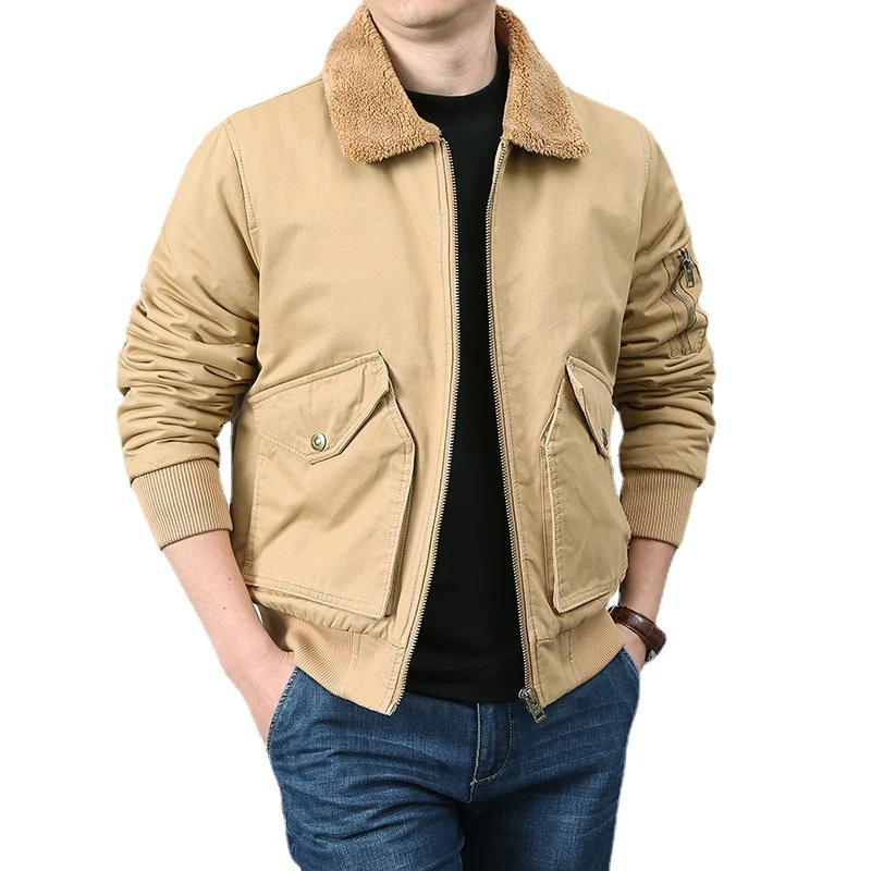 Herren Kurzschnitt Bomberjacke im Pilotenstil mit Teddykragen, Utility‑Taschen und gerippten Bündchen Drune