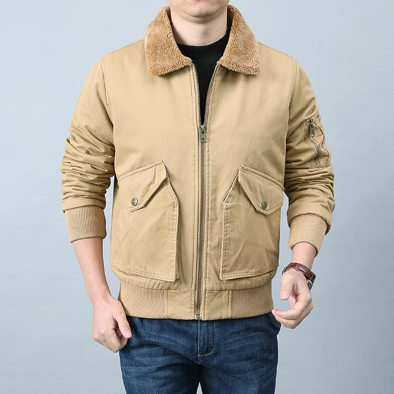 Herren Kurzschnitt Bomberjacke im Pilotenstil mit Teddykragen, Utility‑Taschen und gerippten Bündchen Drune
