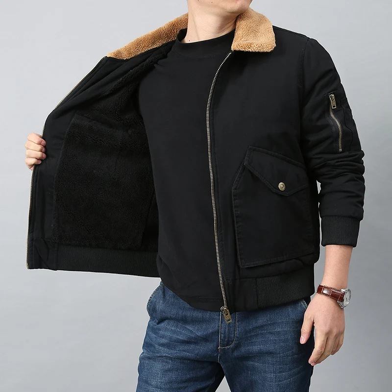 Herren Kurzschnitt Bomberjacke im Pilotenstil mit Teddykragen, Utility‑Taschen und gerippten Bündchen Drune