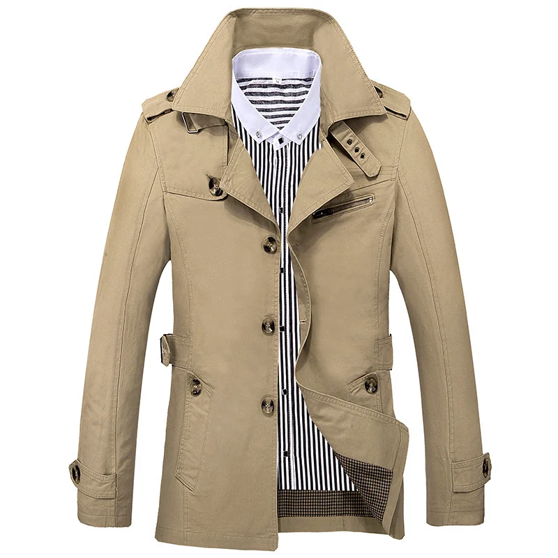 Herren Kurzmantel im Trench‑Stil mit Schulterpatten, Taillenriegel und gestreiftem Innenfutter Drune