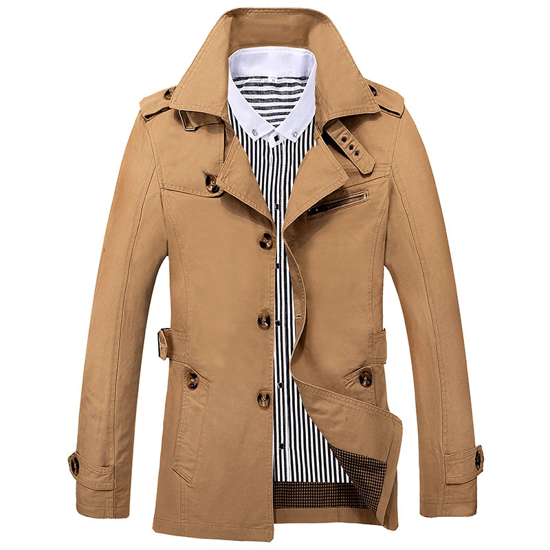 Herren Kurzmantel im Trench‑Stil mit Schulterpatten, Taillenriegel und gestreiftem Innenfutter Drune