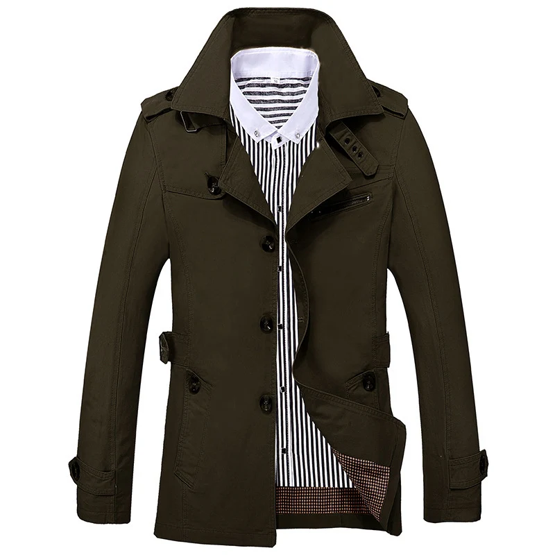 Herren Kurzmantel im Trench‑Stil mit Schulterpatten, Taillenriegel und gestreiftem Innenfutter Drune