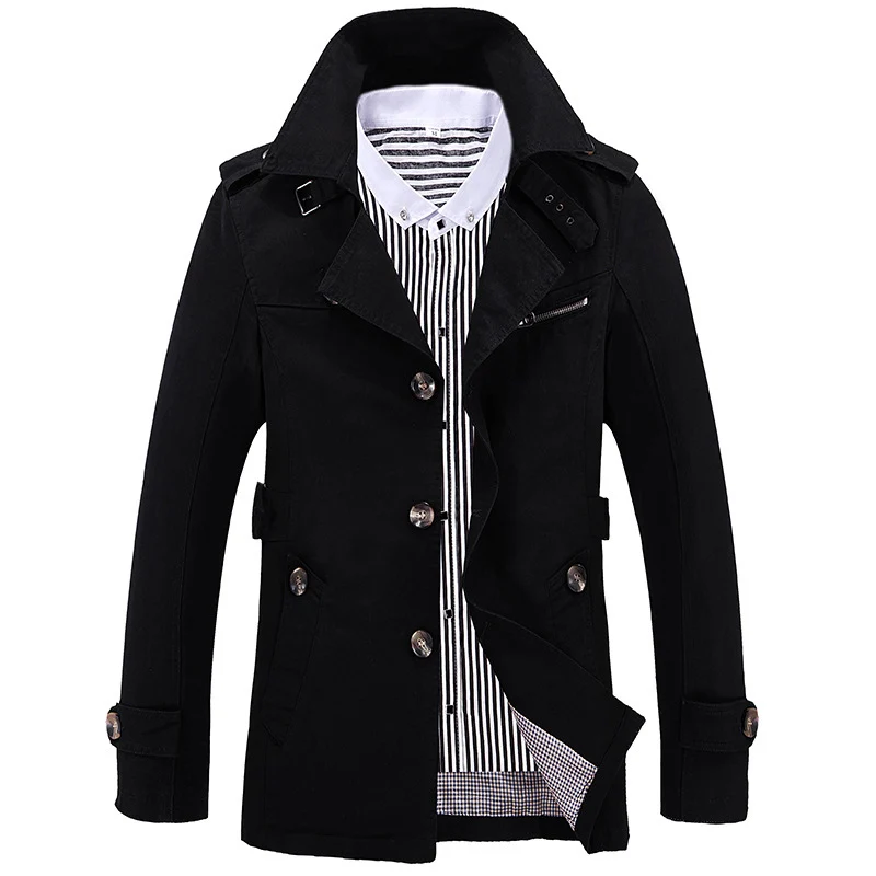 Herren Kurzmantel im Trench‑Stil mit Schulterpatten, Taillenriegel und gestreiftem Innenfutter Drune