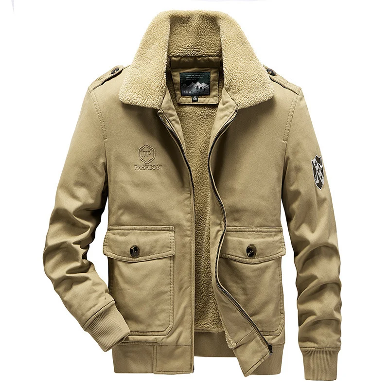 Herren Kurzjacke im Pilotenstil mit Sherpa-Kragen, Pattentaschen und Reißverschluss Drune