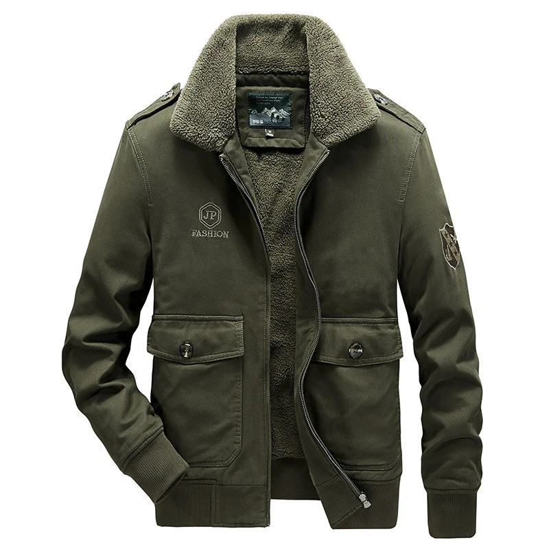 Herren Kurzjacke im Pilotenstil mit Sherpa-Kragen, Pattentaschen und Reißverschluss Drune