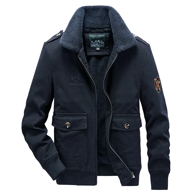 Herren Kurzjacke im Pilotenstil mit Sherpa-Kragen, Pattentaschen und Reißverschluss Drune