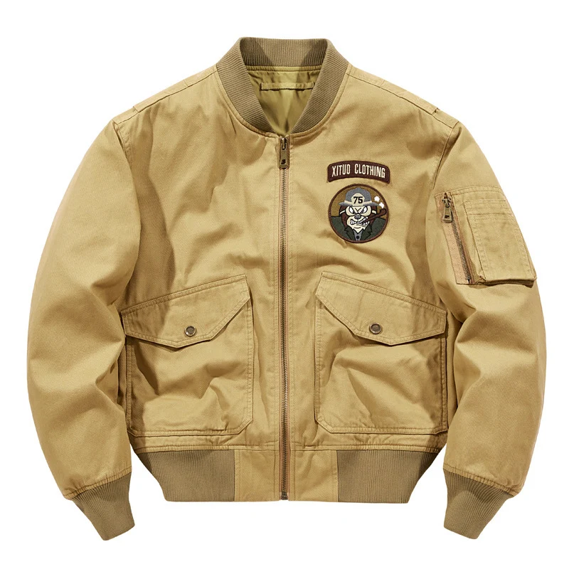 Herren Kurzgeschnittener Piloten-Bomber mit Utility-Taschen und gestickten Patches Drune