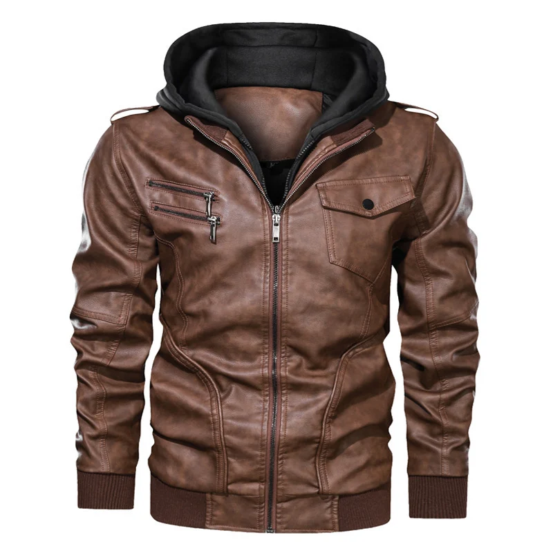 Herren Kapuzen-Lederimitatjacke im Bikerstil mit Reißverschluss, Brusttaschen und Rippbündchen Drune