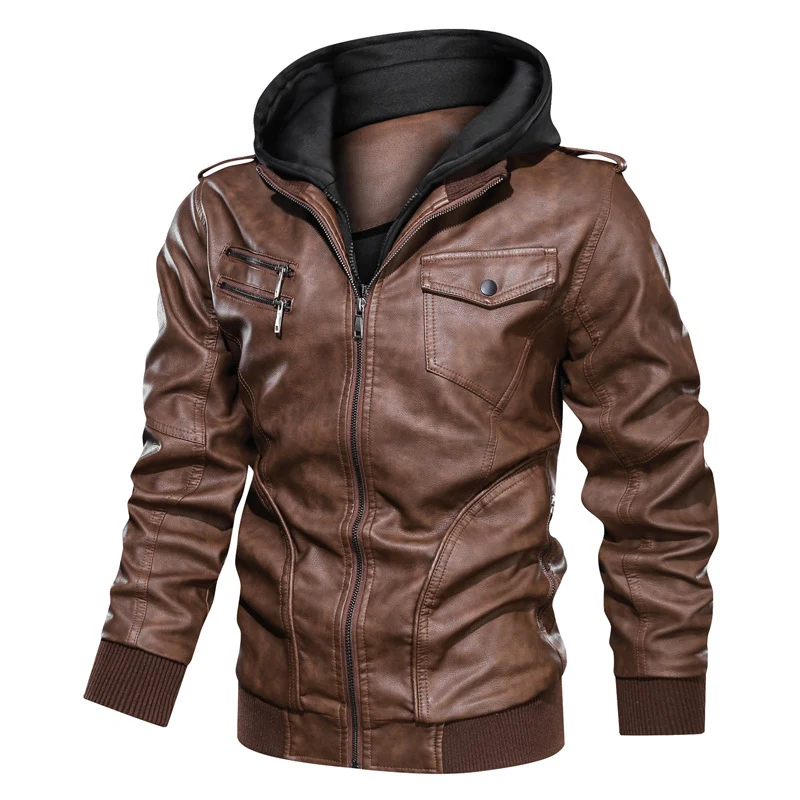 Herren Kapuzen-Lederimitatjacke im Bikerstil mit Reißverschluss, Brusttaschen und Rippbündchen Drune