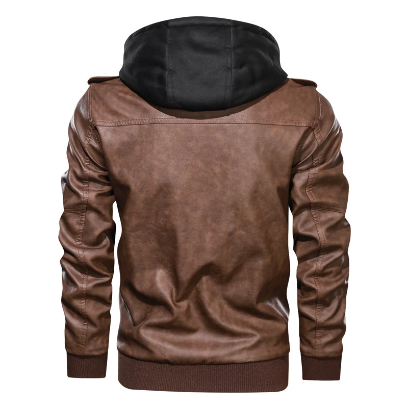 Herren Kapuzen-Lederimitatjacke im Bikerstil mit Reißverschluss, Brusttaschen und Rippbündchen Drune