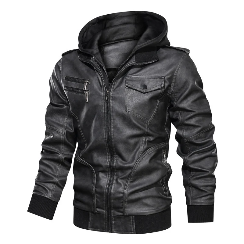 Herren Kapuzen-Lederimitatjacke im Bikerstil mit Reißverschluss, Brusttaschen und Rippbündchen Drune