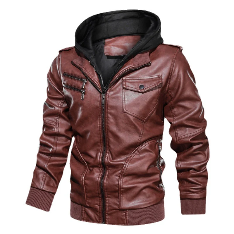 Herren Kapuzen-Lederimitatjacke im Bikerstil mit Reißverschluss, Brusttaschen und Rippbündchen Drune