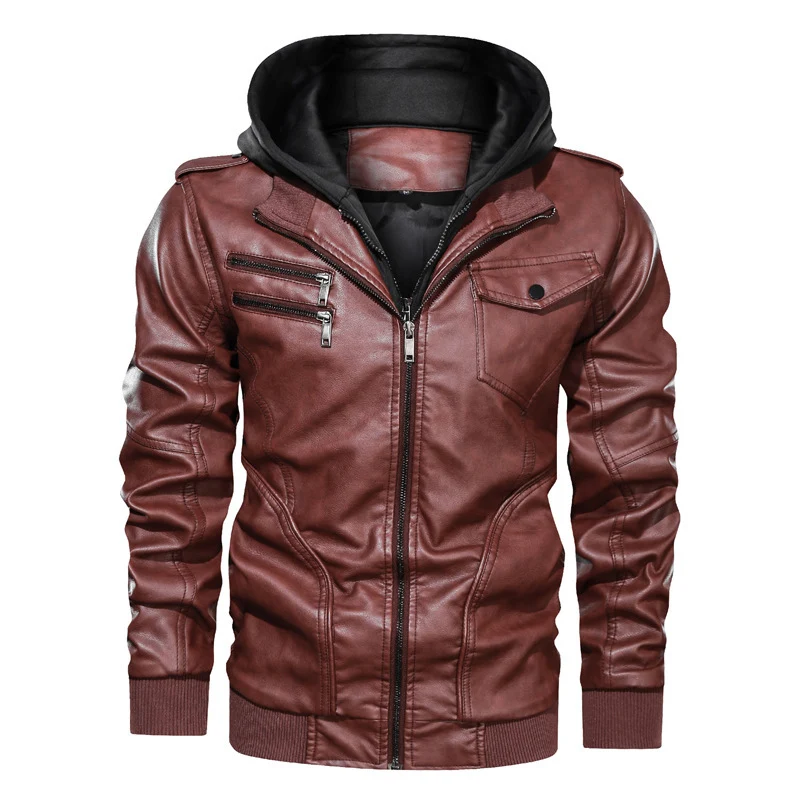 Herren Kapuzen-Lederimitatjacke im Bikerstil mit Reißverschluss, Brusttaschen und Rippbündchen Drune
