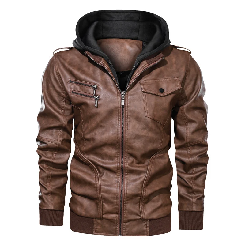 Herren Kapuzen-Lederimitatjacke im Bikerstil mit Reißverschluss, Brusttaschen und Rippbündchen Drune
