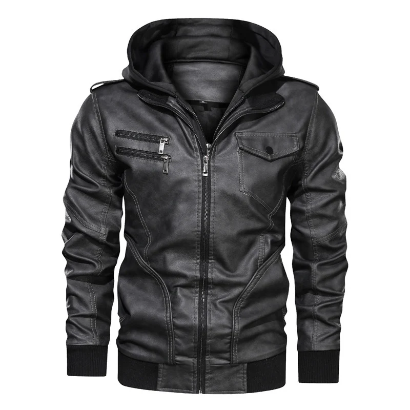 Herren Kapuzen-Lederimitatjacke im Bikerstil mit Reißverschluss, Brusttaschen und Rippbündchen Drune