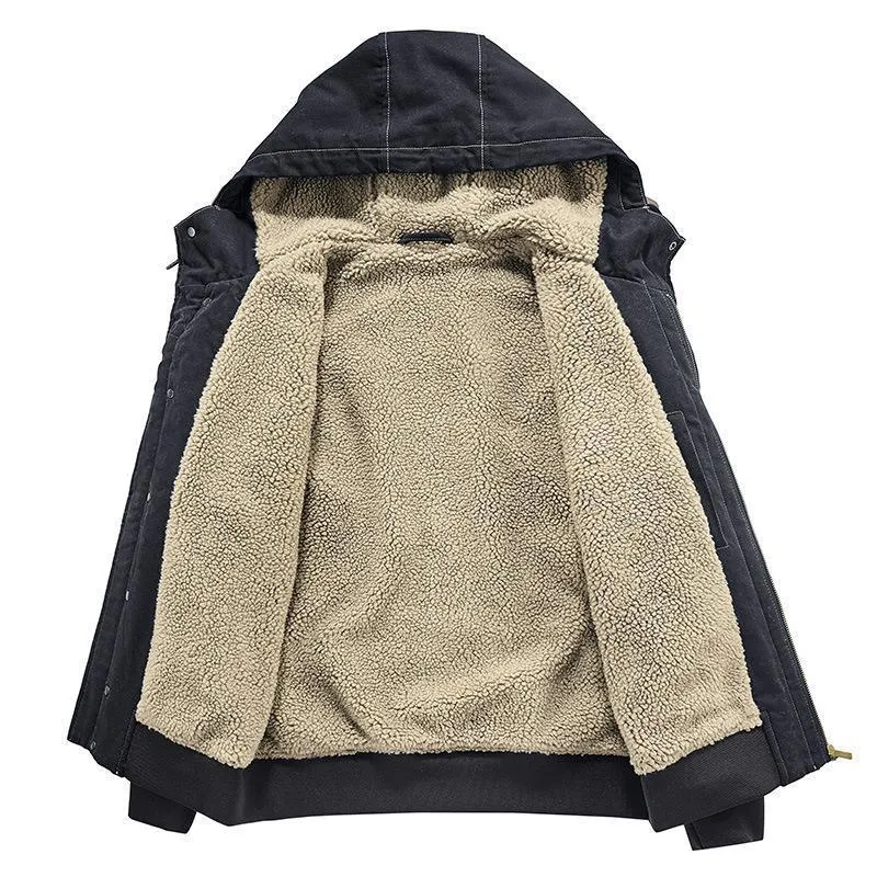 Herren Kapuzen-Canvasjacke mit Sherpa-Futter, windabweisend und Utility-Taschen Drune