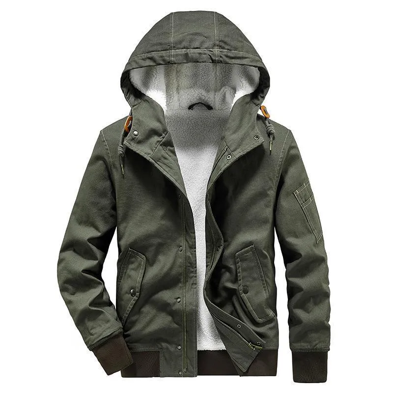Herren Kapuzen-Canvasjacke mit Sherpa-Futter, windabweisend und Utility-Taschen Drune