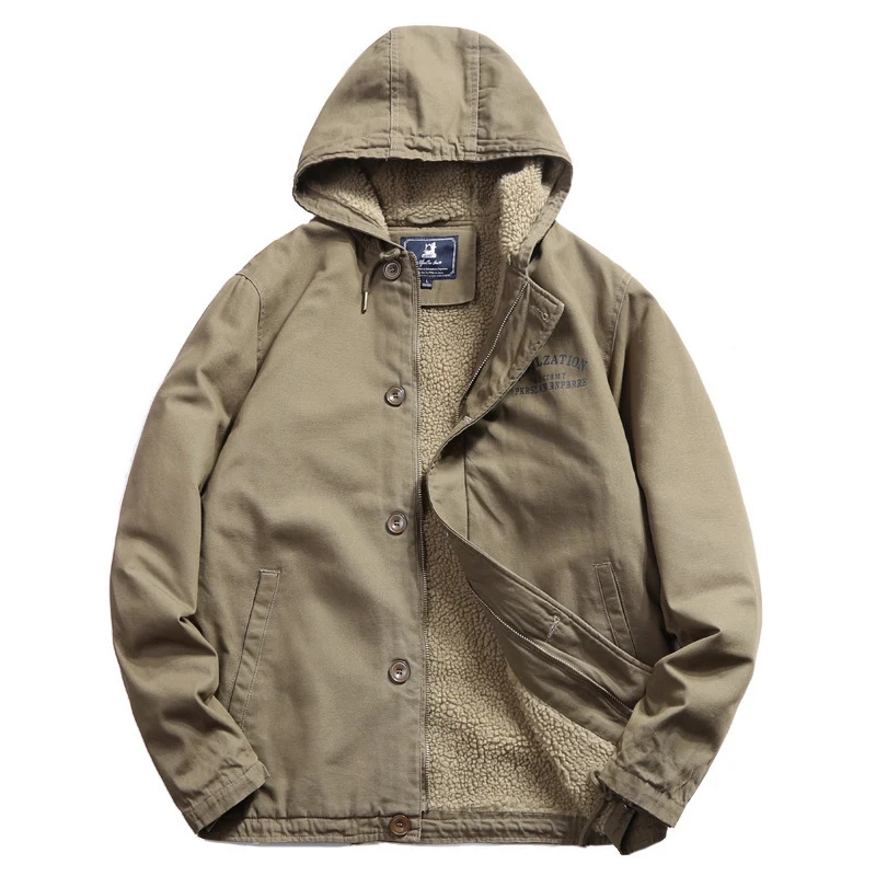 Herren Kapuzen-Canvasjacke mit Sherpa-Futter und Utility-Details Drune
