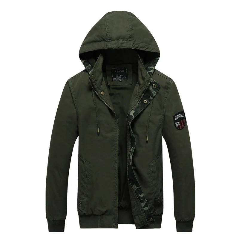 Herren Kapuzen-Canvasjacke im Military-Utility-Stil mit Camouflagemanschette und Rippbündchen Drune