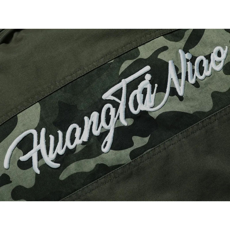 Herren Kapuzen-Canvasjacke im Military-Utility-Stil mit Camouflagemanschette und Rippbündchen Drune