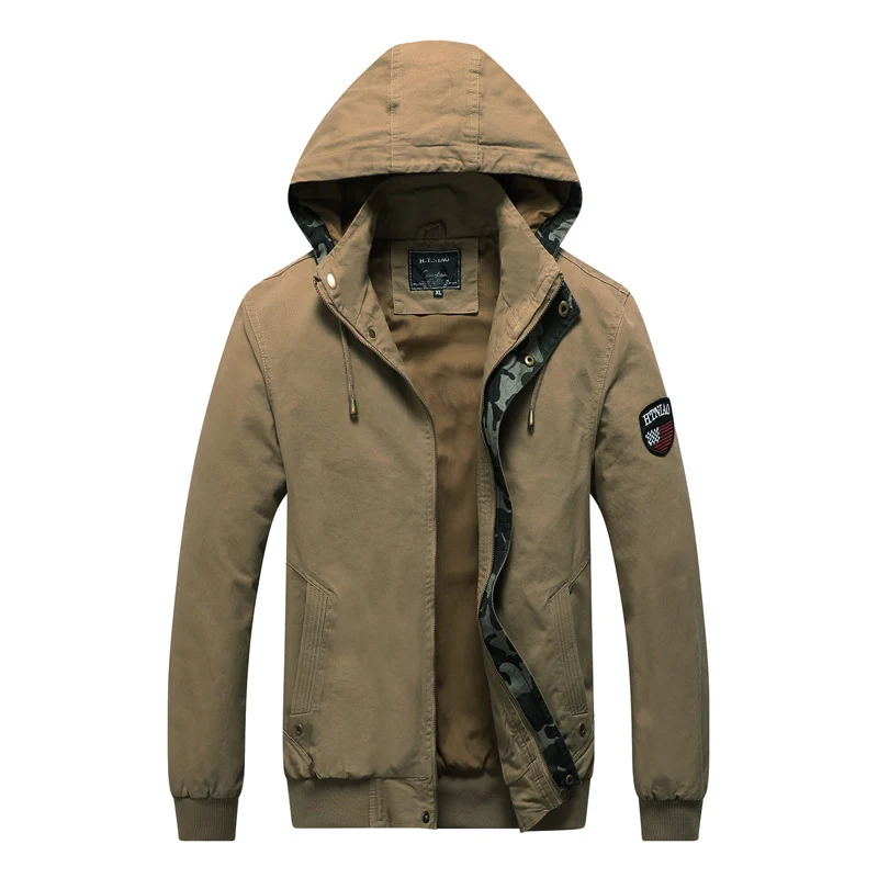 Herren Kapuzen-Canvasjacke im Military-Utility-Stil mit Camouflagemanschette und Rippbündchen Drune
