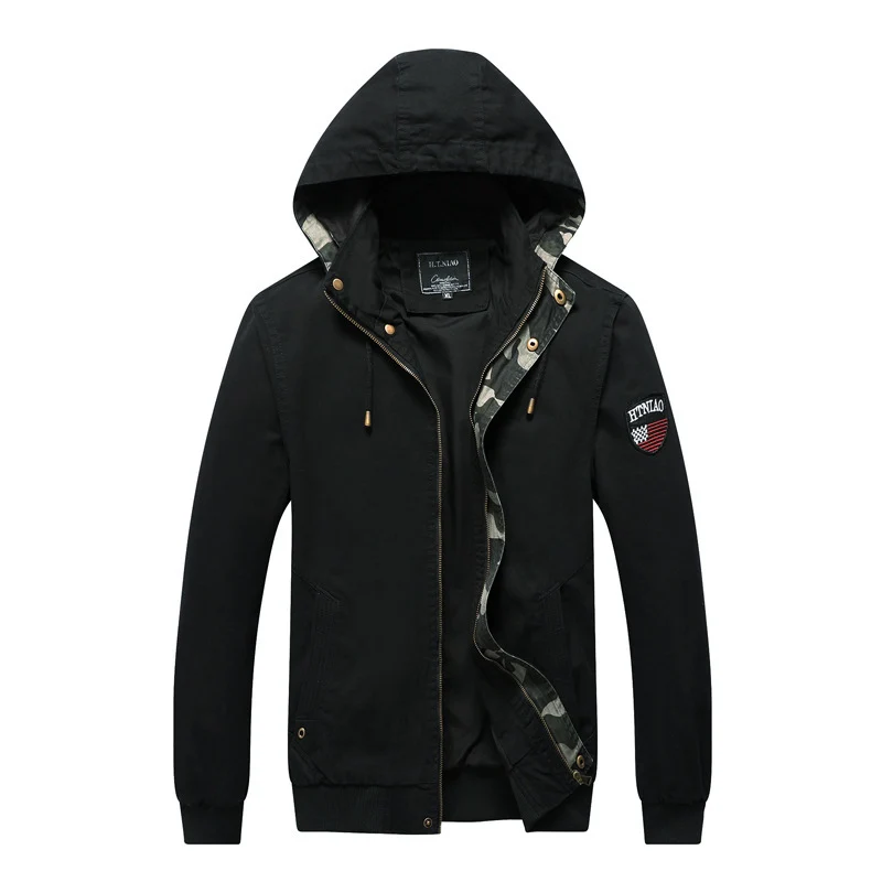 Herren Kapuzen-Canvasjacke im Military-Utility-Stil mit Camouflagemanschette und Rippbündchen Drune
