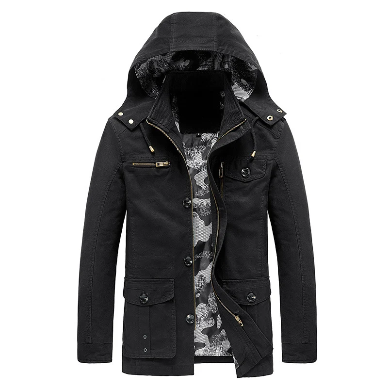 Herren Kapuzen-Canvas-Fieldjacke mit Camouflage-Innenfutter, Multifunktions‑Taschen und Reißverschluss‑Knopfleiste Drune