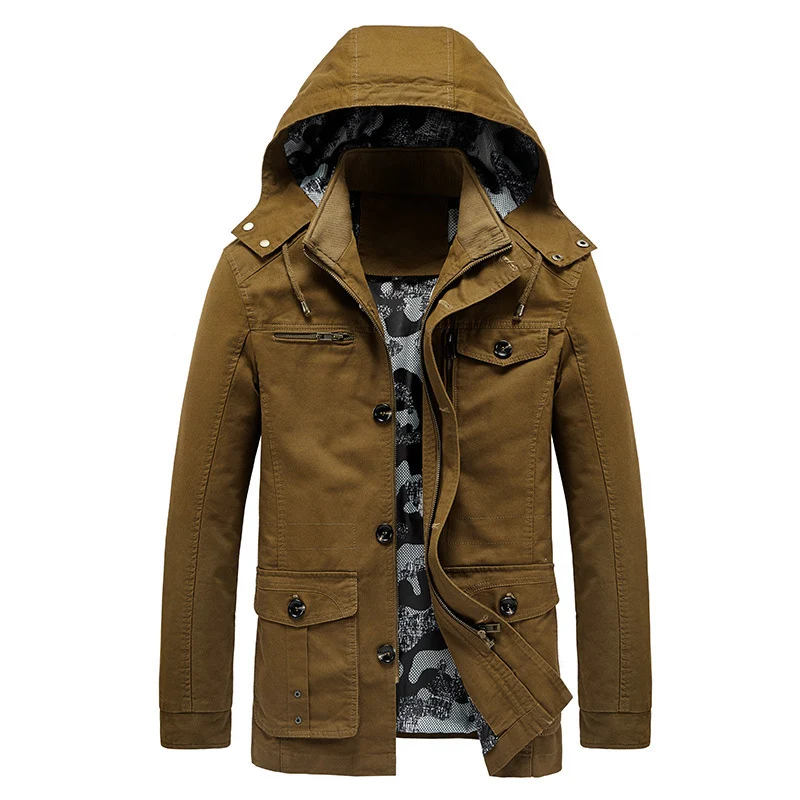 Herren Kapuzen-Canvas-Fieldjacke mit Camouflage-Innenfutter, Multifunktions‑Taschen und Reißverschluss‑Knopfleiste Drune