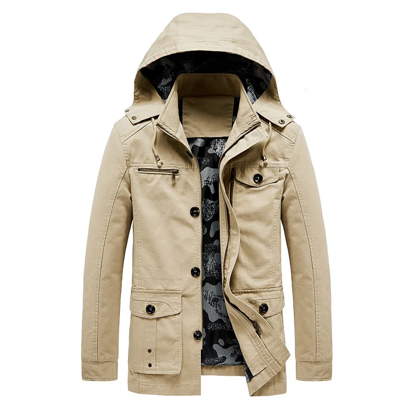 Herren Kapuzen-Canvas-Fieldjacke mit Camouflage-Innenfutter, Multifunktions‑Taschen und Reißverschluss‑Knopfleiste Drune