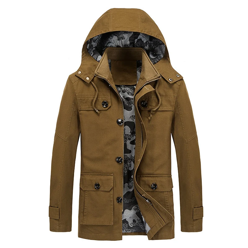 Herren Kapuzen-Canvas-Fieldjacke mit camouflage-gefütterter Innenseite und Multifunktions-Taschen Drune