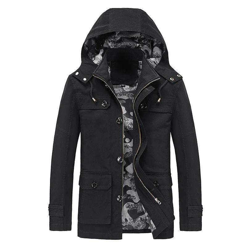 Herren Kapuzen-Canvas-Fieldjacke mit camouflage-gefütterter Innenseite und Multifunktions-Taschen Drune