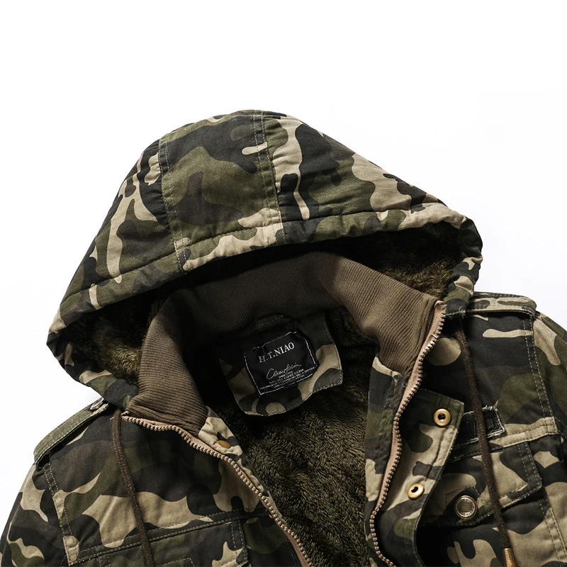 Herren Kapuzen-Camouflage-Fieldjacke mit Teddyfutter, Mehrfach-Taschen und Rippbündchen Drune