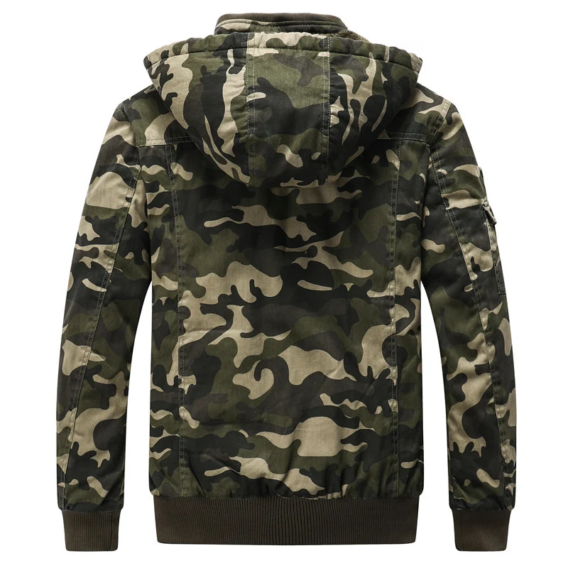Herren Kapuzen-Camouflage-Fieldjacke mit Teddyfutter, Mehrfach-Taschen und Rippbündchen Drune