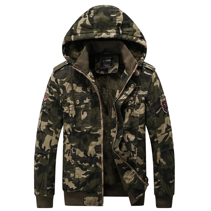 Herren Kapuzen-Camouflage-Fieldjacke mit Teddyfutter, Mehrfach-Taschen und Rippbündchen Drune