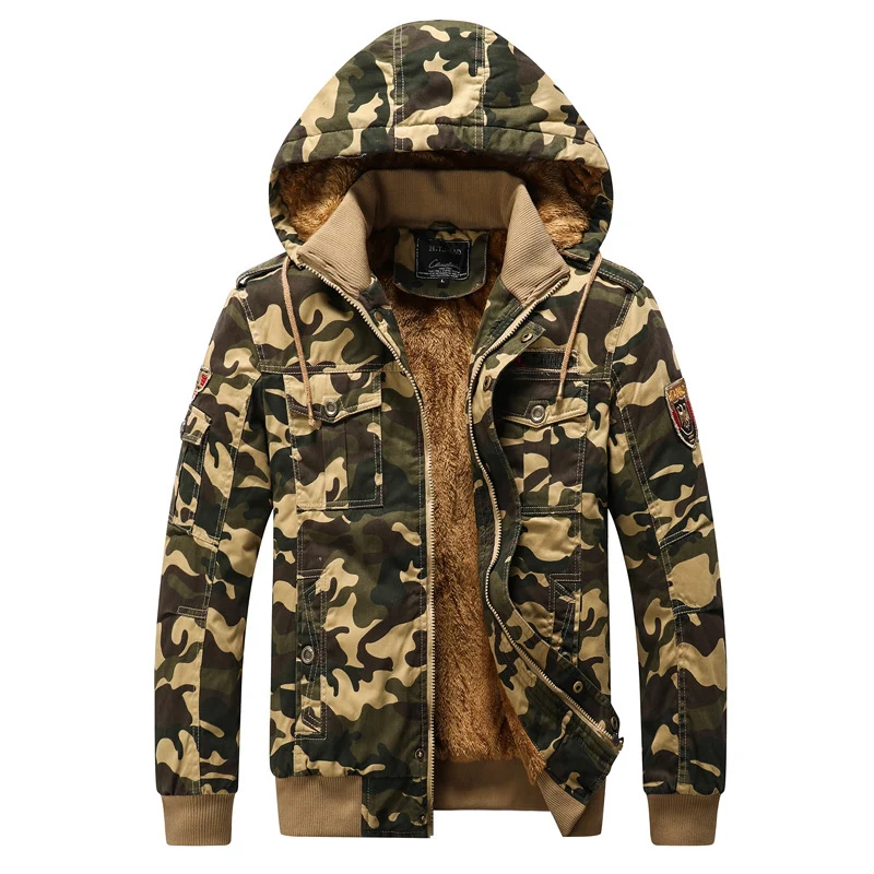 Herren Kapuzen-Camouflage-Fieldjacke mit Teddyfutter, Mehrfach-Taschen und Rippbündchen Drune