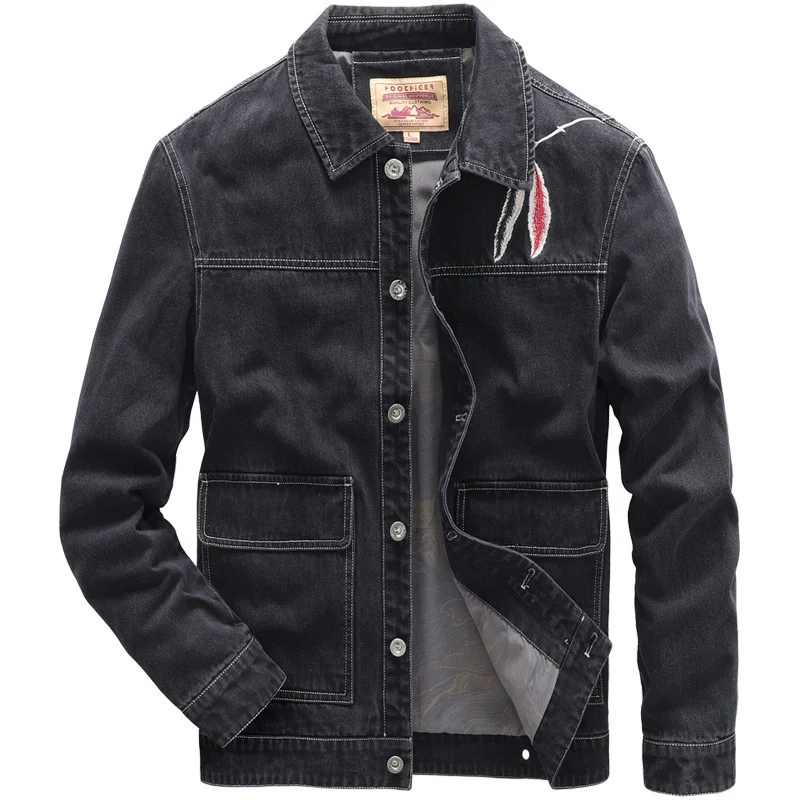 Herren Jeansjacke im Worker‑Stil mit gesticktem Feder‑Motiv und Innensatinfutter Drune