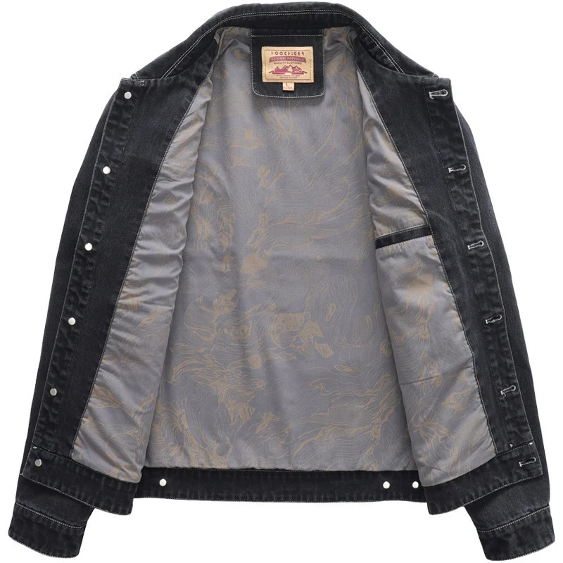Herren Jeansjacke im Worker‑Stil mit gesticktem Feder‑Motiv und Innensatinfutter Drune