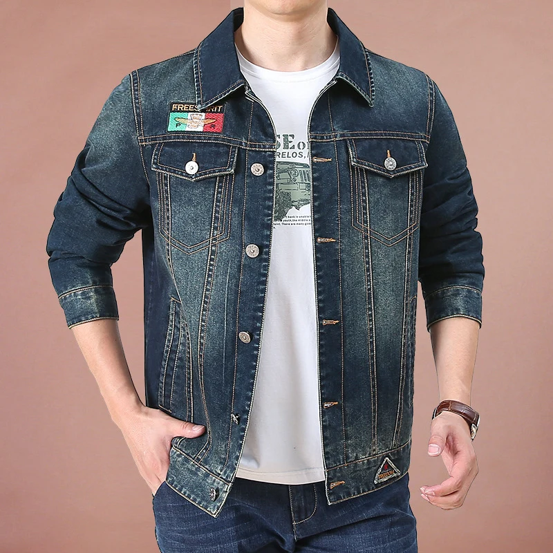 Herren Jeansjacke im Vintage-Look mit Patches und bedrucktem Innenfutter Drune